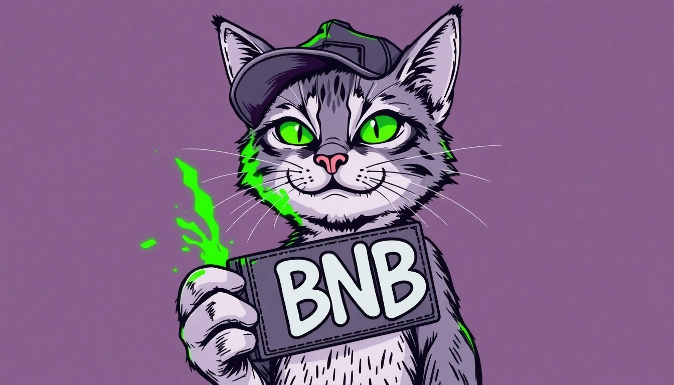 Momi, a mangy stray cat with a torn ear and backwards cap, holding a stolen BNB wallet, glowing neon green eyes